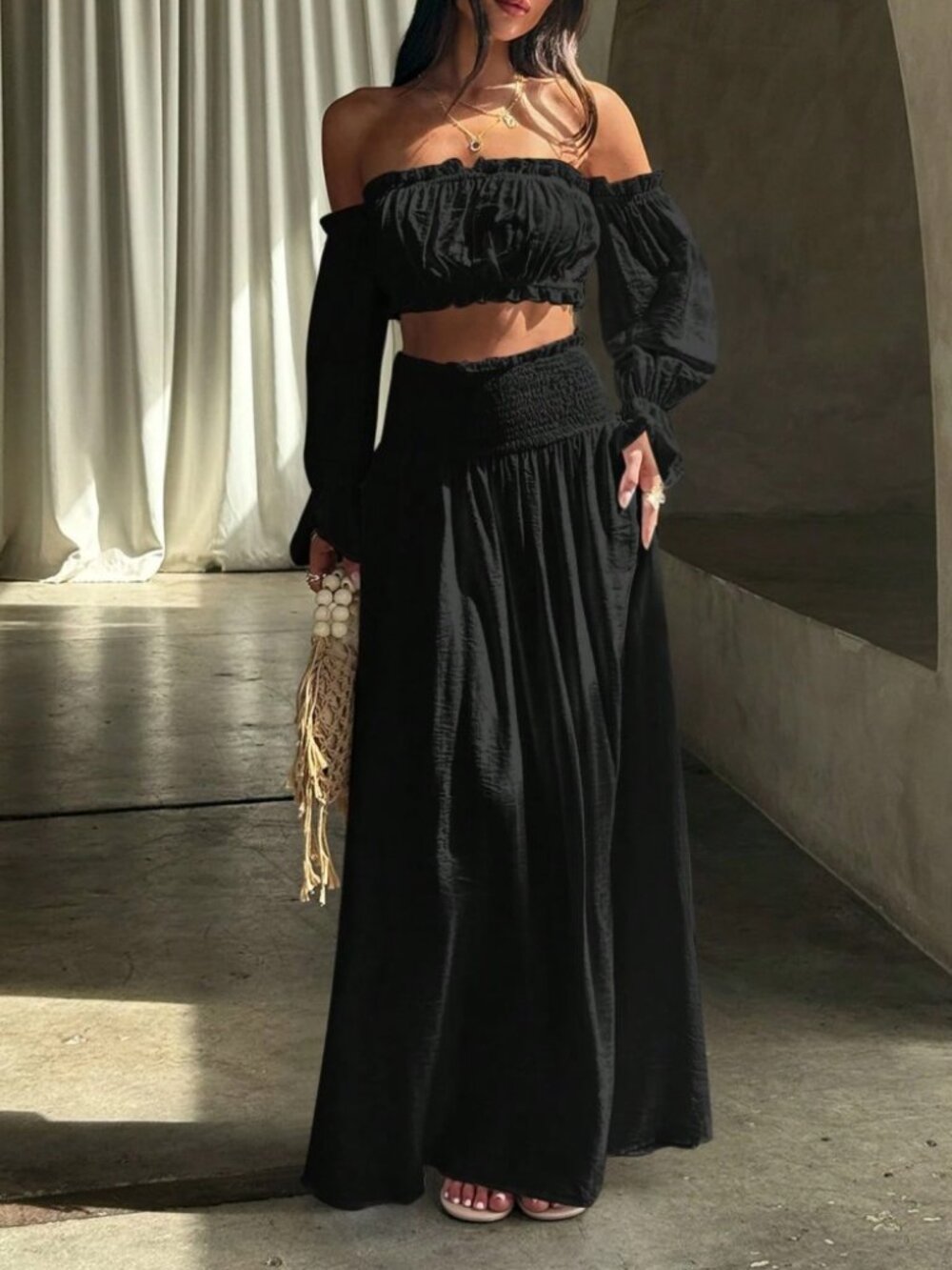 Black Off Shoulder Crop Top & Maxi Skirt Set